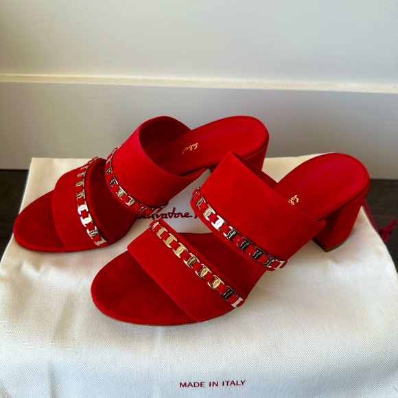 Salvatore Ferragamo Shoes - Salvatore Ferragamo Red Suede Blocked Heel Sandal US6 NEW!
